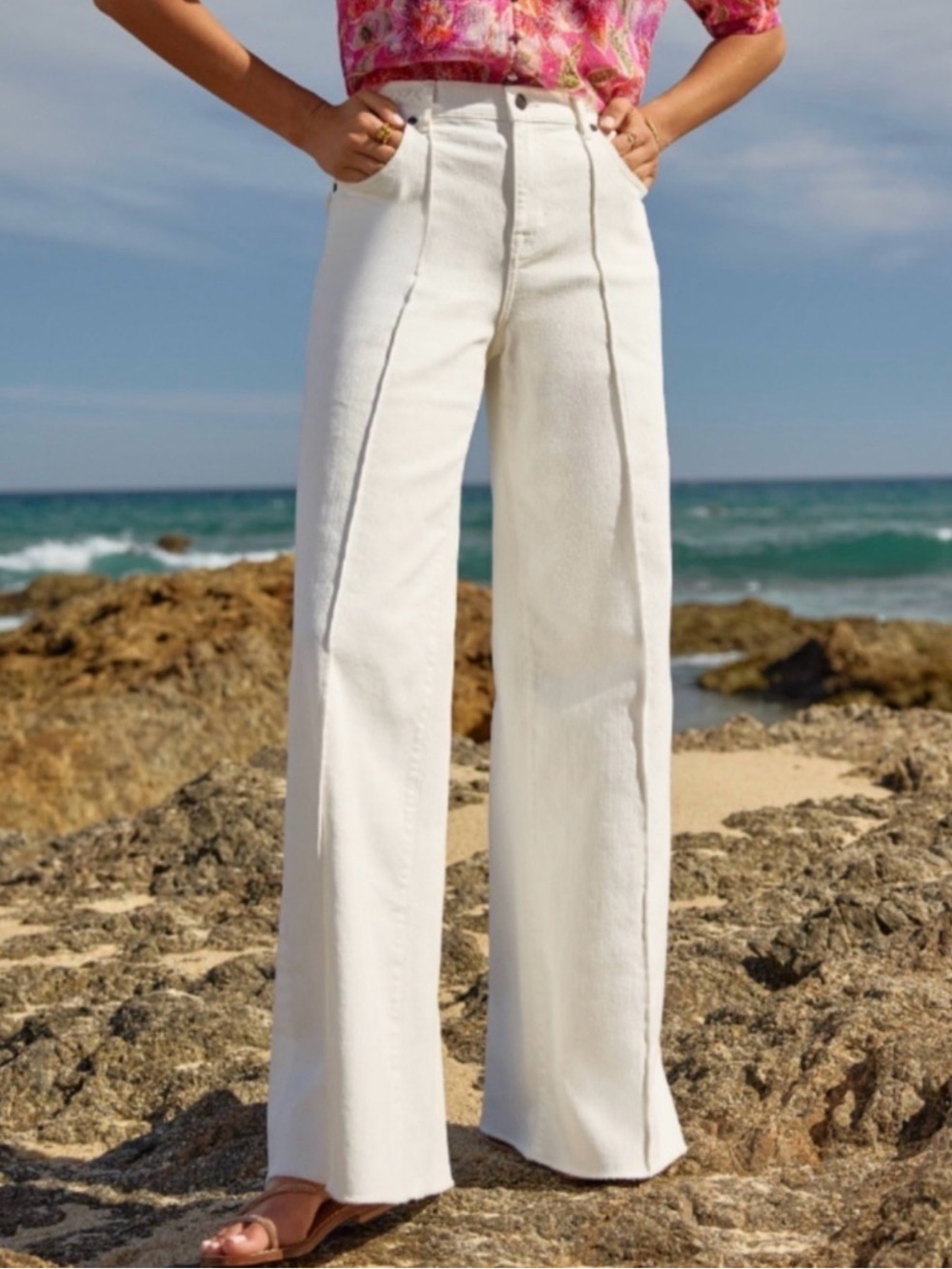 Johnny Was The Braided Wide Leg High Rise Stretch Jean White Sz 28 $278 NWT
